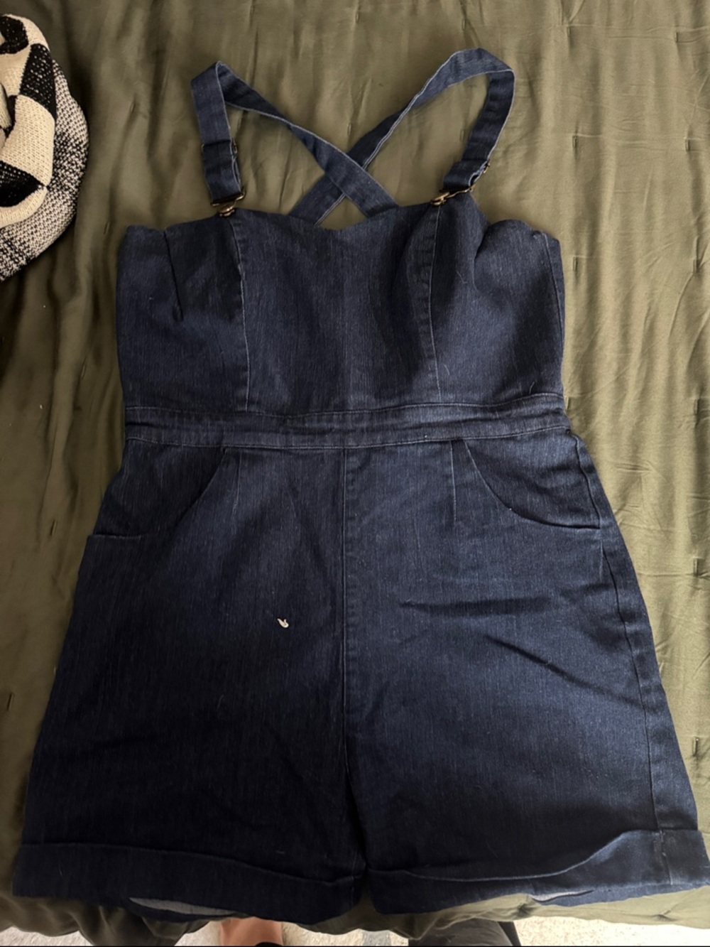 Dark Blue Denim Romper with Cross-Back Straps